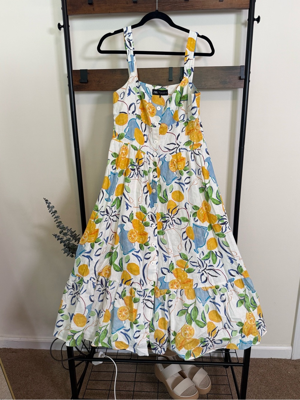 Zara Lemon Citrusy Print Linen Blend Midi Dress Size Medium